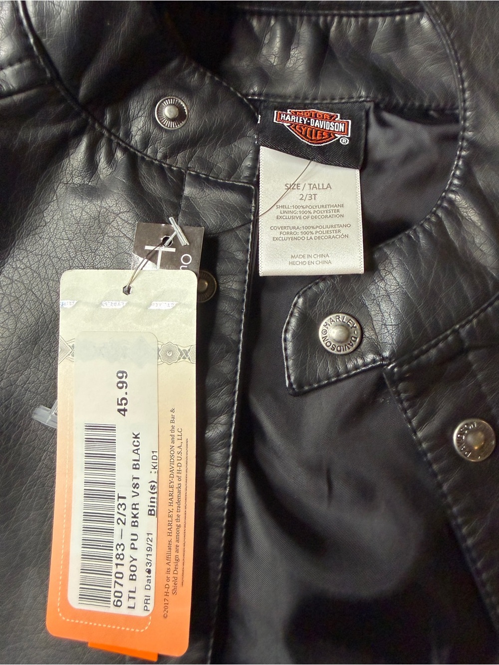 Harley-Davidson Kids Black Faux Leather Snap-Front Vest with Patch 2/3T - Picture 2 of 4